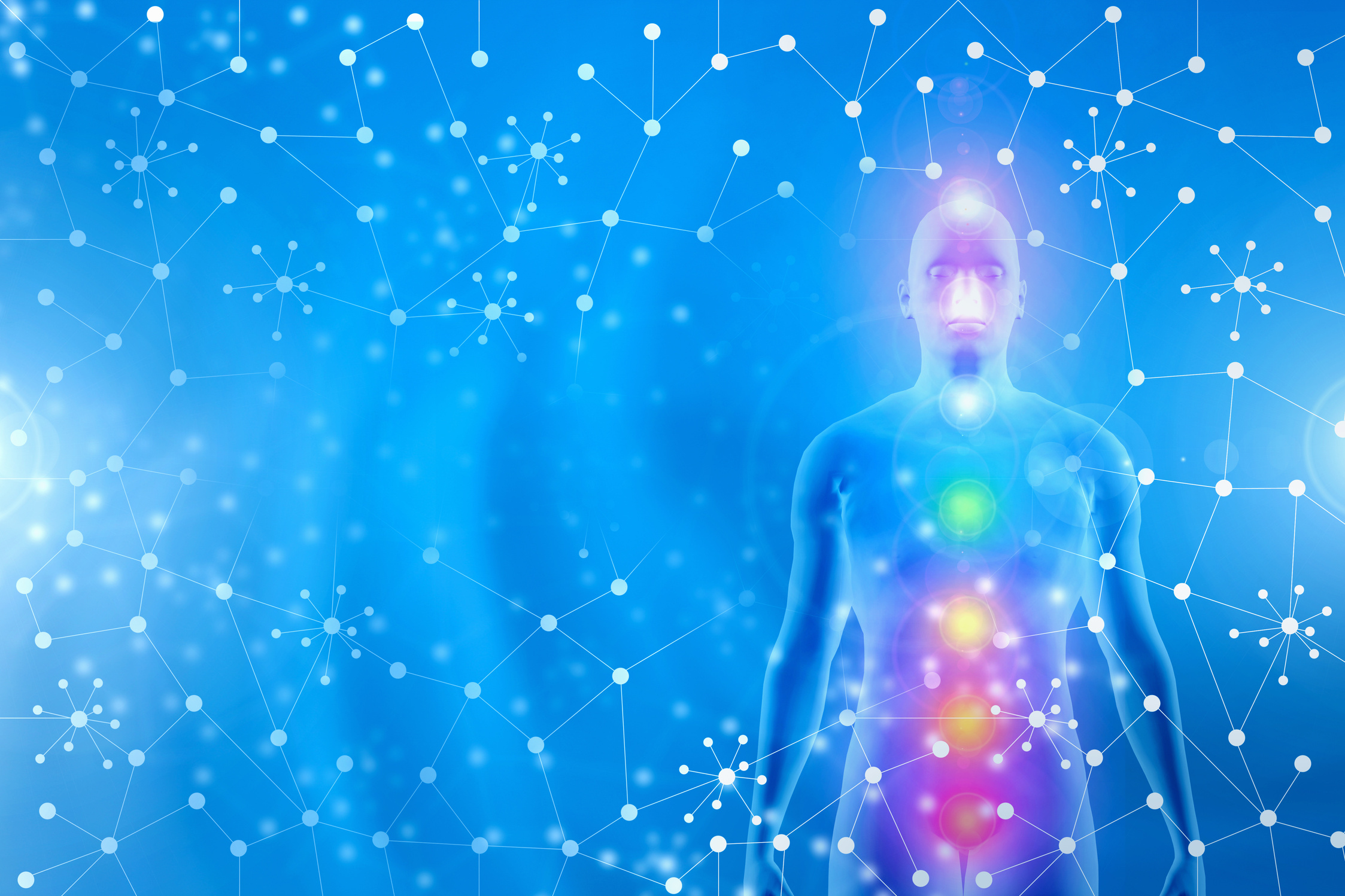 Standing human body meditating, chakra energy points, blue abstract background